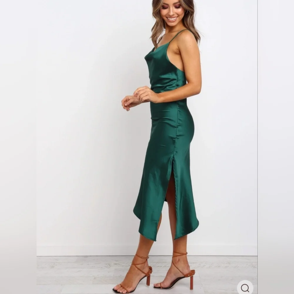 Petal & Pup Emerald Satin Asymmetrical Slip Dress - Picture 3 of 8